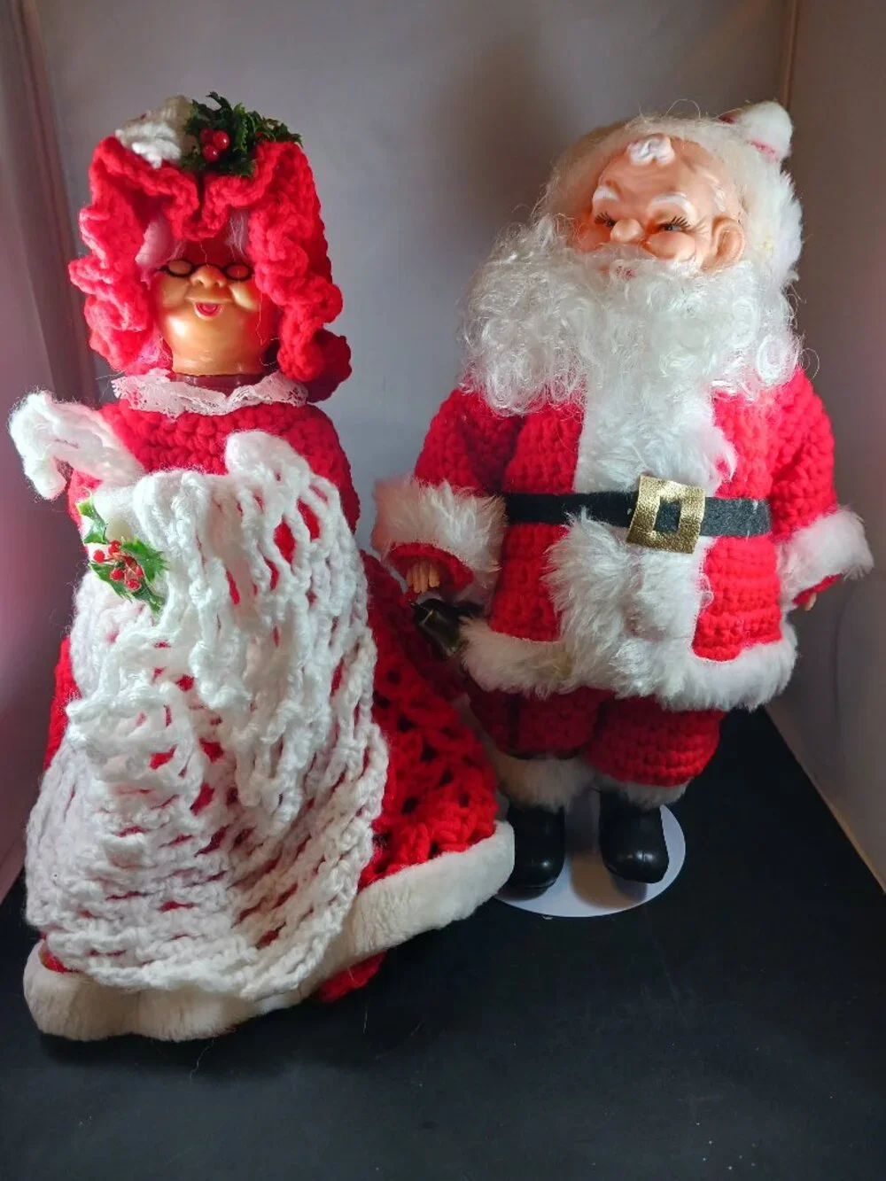 Vintage Crochet Santa Mr. & Mrs. Claus Hard Plastic 12in Tall
